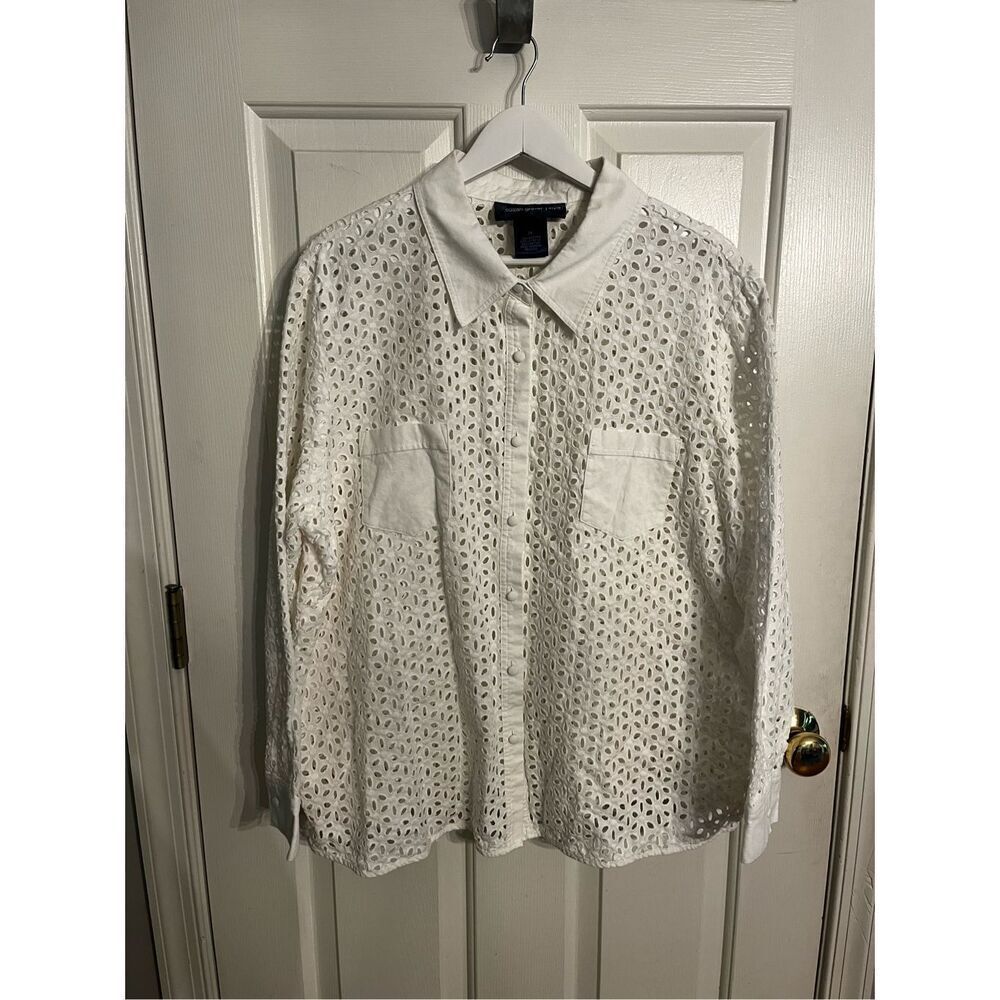 Susan Graver White Eyelet Button Up Shirt sz 2XL